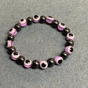 Eyeball Hematite Stretch Bracelet 7 In Purple Silver Black White Retro Halloween